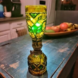 Vintage Amber Stained Glass Style Oil Lamp, Rustic Boho Kerosene Lamp